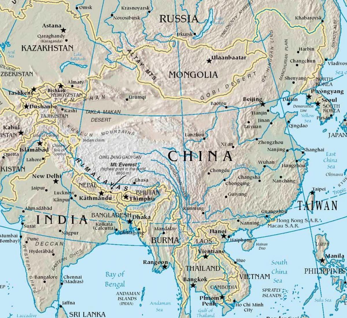 kaart van China met bergen