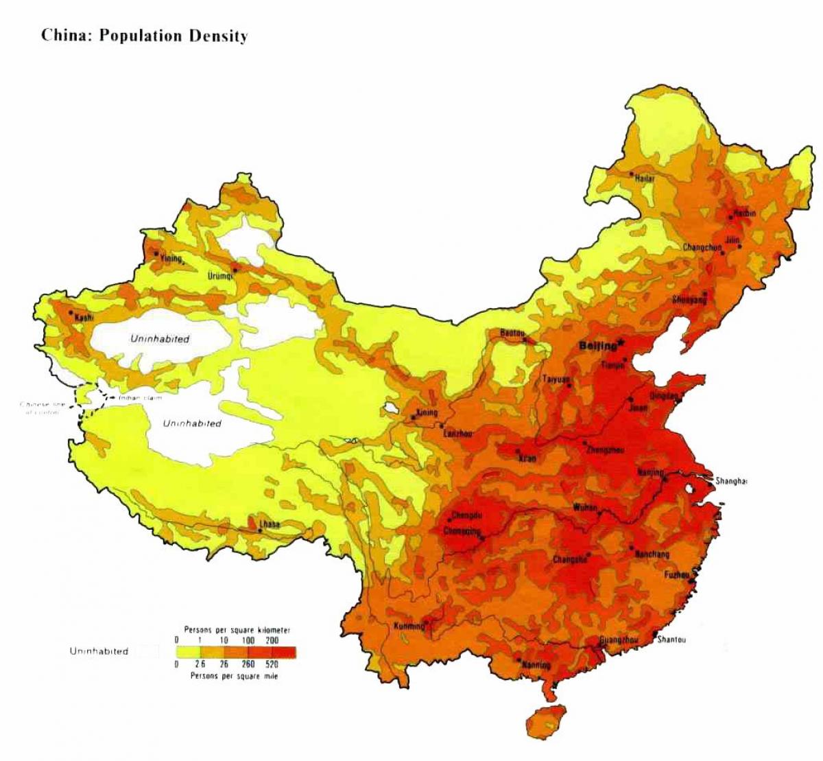 bevolkingsdichtheid China kaart