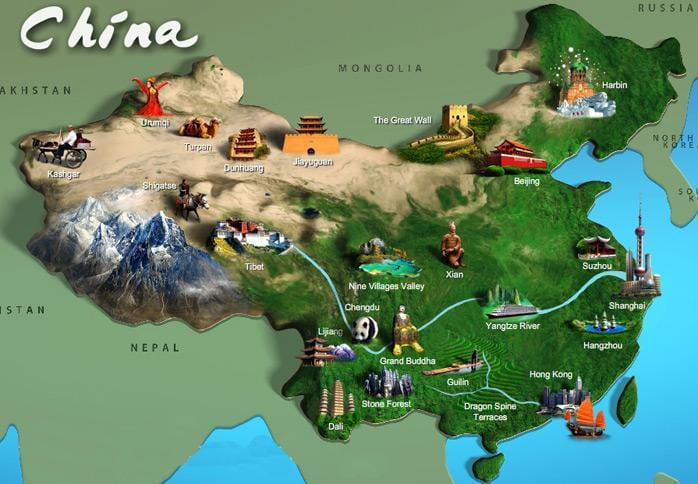 kaart van China toeristische attracties