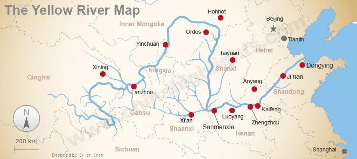 China kaart gele rivier