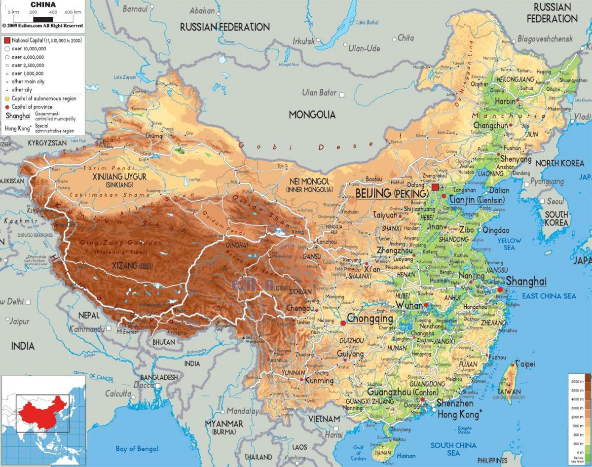 kaart van China fysieke kenmerken