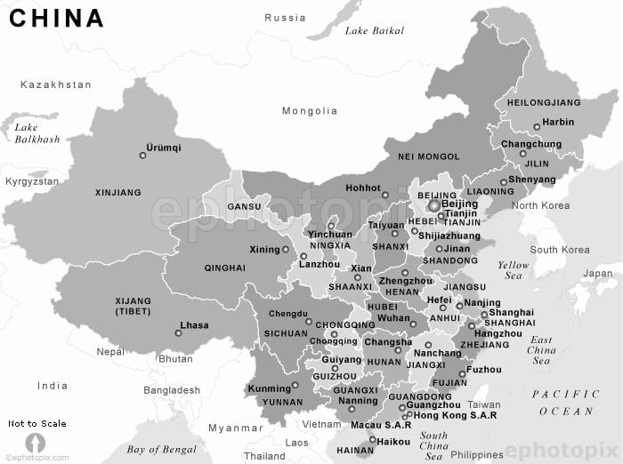 kaart van China zwart en wit