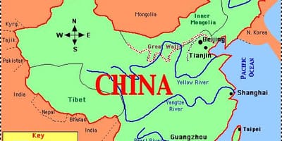 China kaart met rivieren en bergen